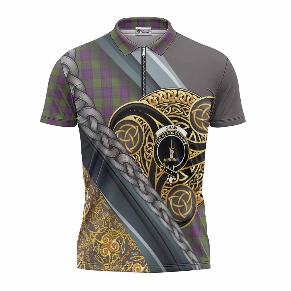 Shaw Tartan Crest Zipper Polo Shirt Scottish Triskele Celtic