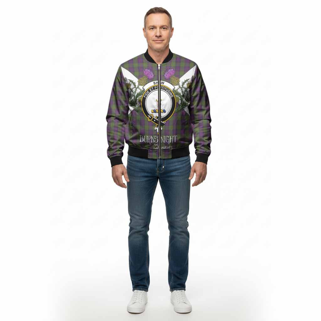 Shaw Tartan Family Crest Bomber Jacket Scottish Burns Night Thistle Floral