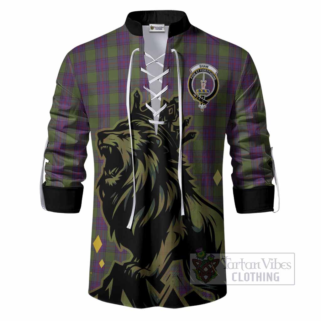Shaw Tartan Family Crest Ghillie Shirt Crowned Lion Roaring