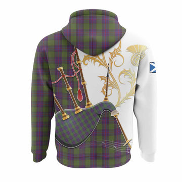 Shaw Tartan Family Crest Hoodie Bagpipes with Scottish Thistle
