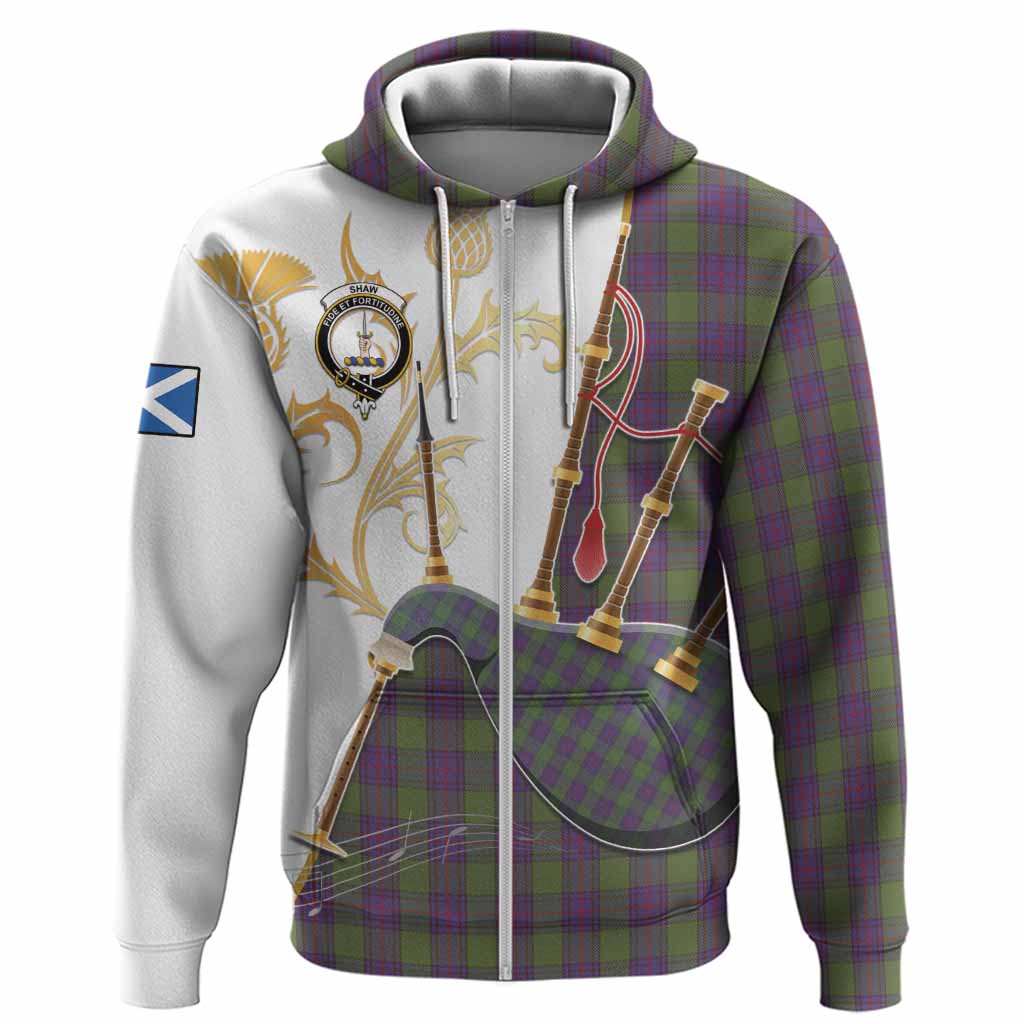 Shaw Tartan Family Crest Hoodie Bagpipes with Scottish Thistle