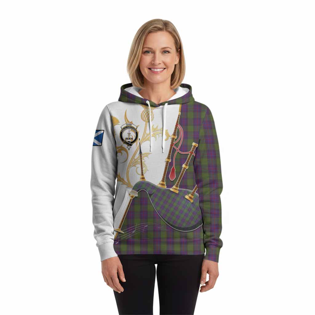 Shaw Tartan Family Crest Hoodie Bagpipes with Scottish Thistle