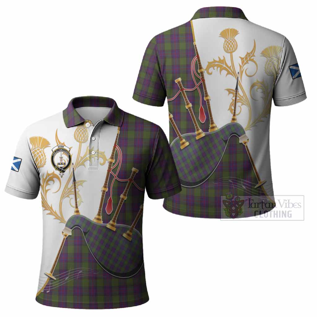 Shaw Tartan Family Crest Polo Shirt Bagpipes with Scottish Thistle