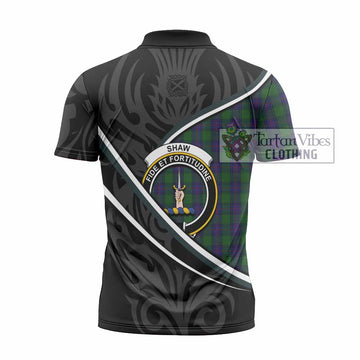 Shaw Tartan Family Crest Zipper Polo Shirt Celtic Scottish Thistle Floral