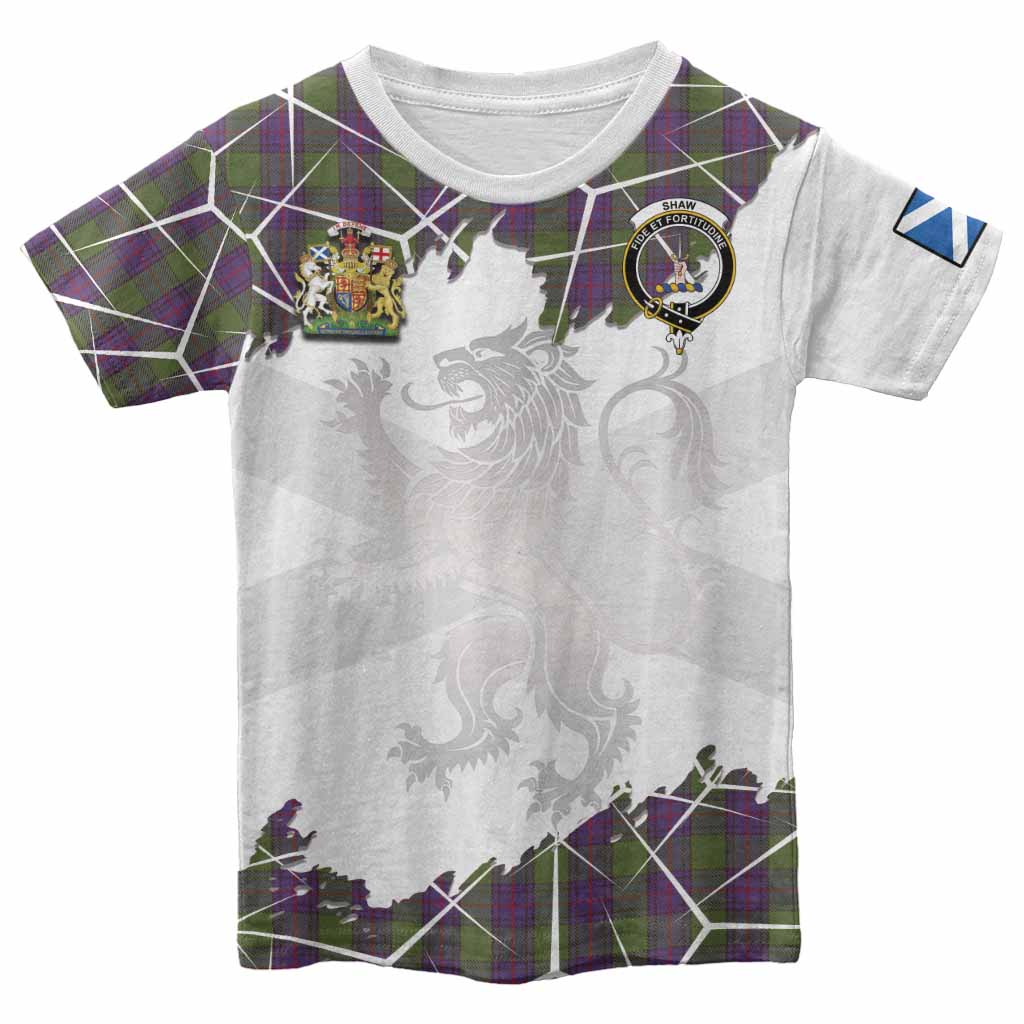 Shaw Tartan Kid T-shirt with Family Crest and Lion Rampant Grunge Style