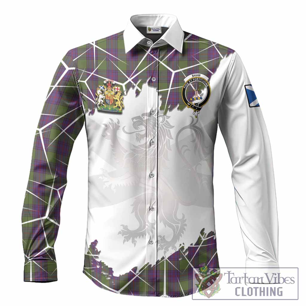 Shaw Tartan Long Sleeve Button Shirts with Family Crest and Lion Rampant Grunge Style
