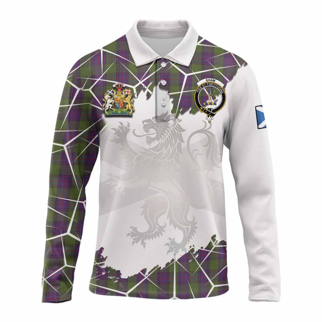 Shaw Tartan Long Sleeve Polo Shirt with Family Crest and Lion Rampant Grunge Style