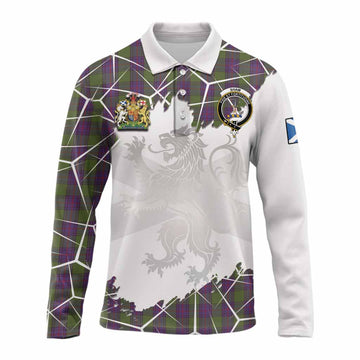 Shaw Tartan Long Sleeve Polo Shirt with Family Crest and Lion Rampant Grunge Style