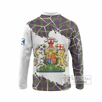 Shaw Tartan Long Sleeve Polo Shirt with Family Crest and Lion Rampant Grunge Style