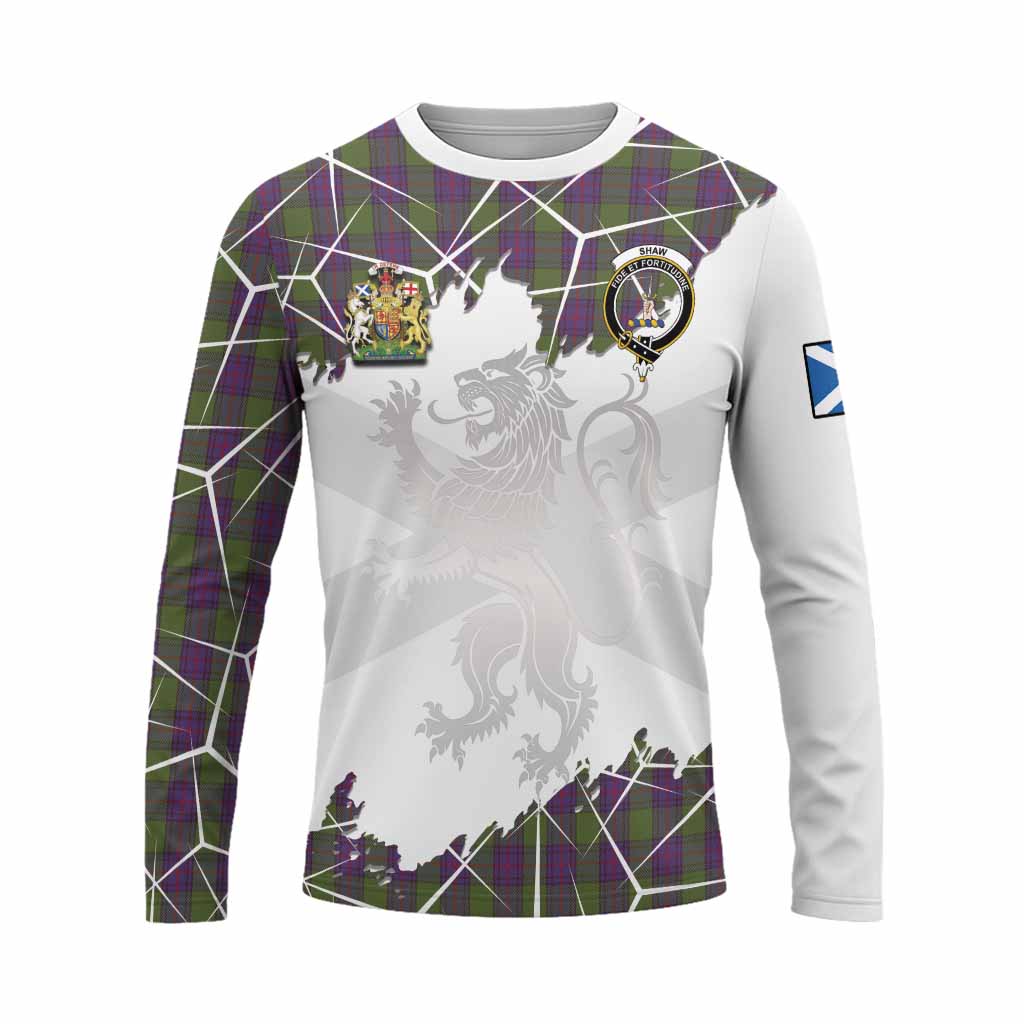 Shaw Tartan Long Sleeve T-Shirt with Family Crest and Lion Rampant Grunge Style