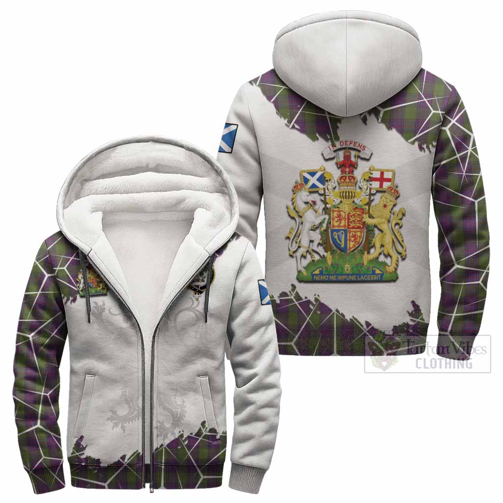 Shaw Tartan Sherpa Hoodie with Family Crest and Lion Rampant Grunge Style