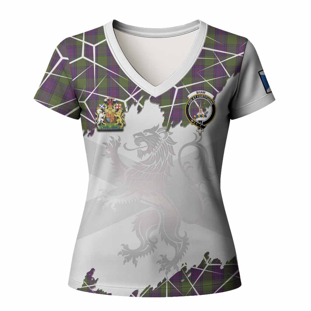 Shaw Tartan Women T shirt with Family Crest and Lion Rampant Grunge Style