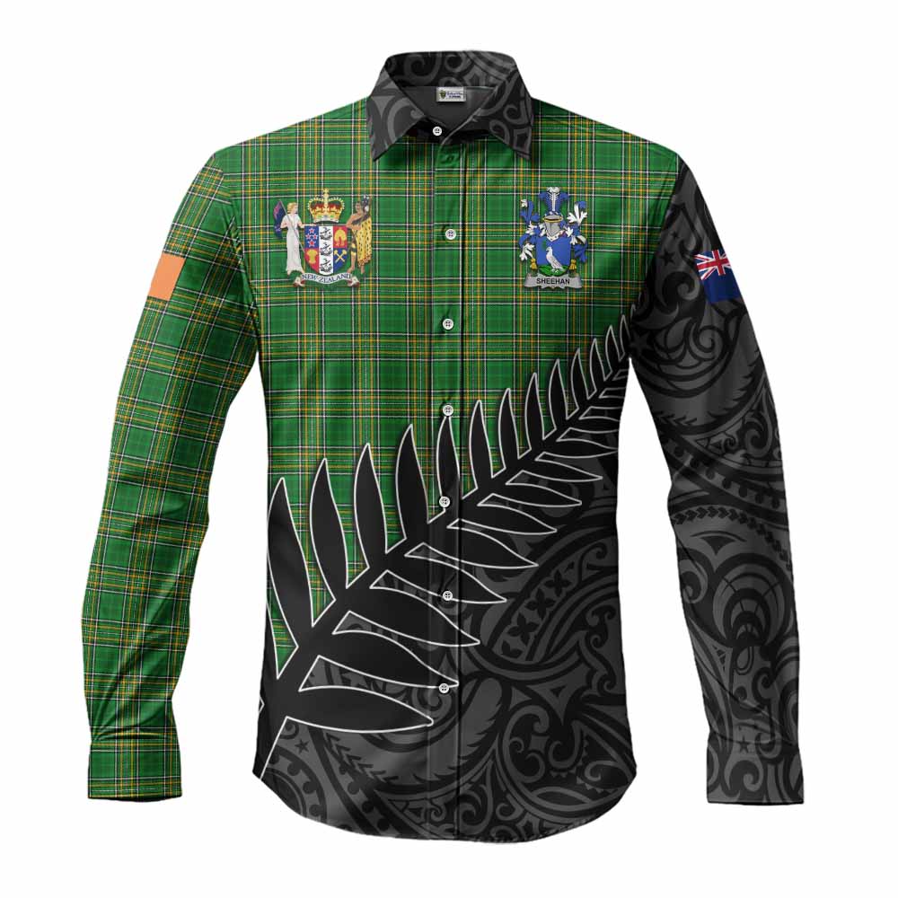 Tartan Vibes Clothing Sheehan Irish Clan Tartan Long Sleeve Button Shirt with Coat of Arms New Zealand Silver Fern Half Style