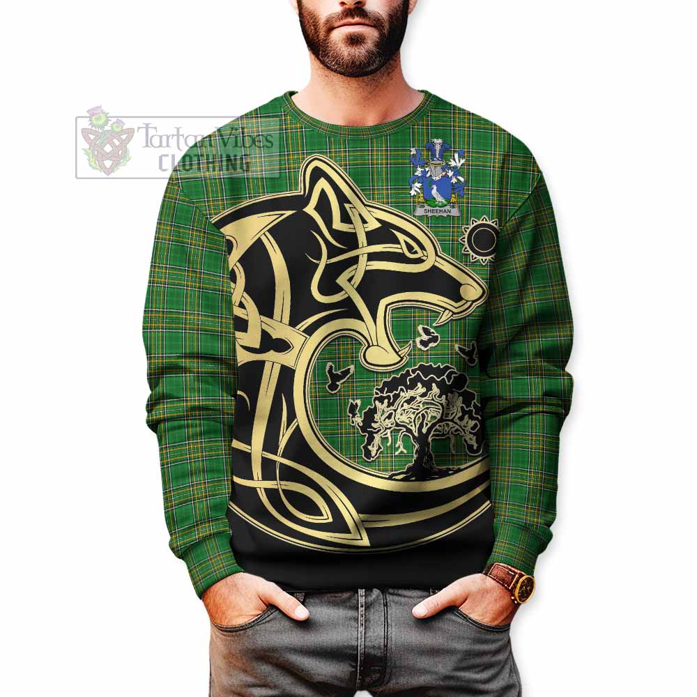 Sheehan Irish Tartan Sweatshirt with Coat of Arms Celtic Wolf Style - Tartan Vibes Clothing