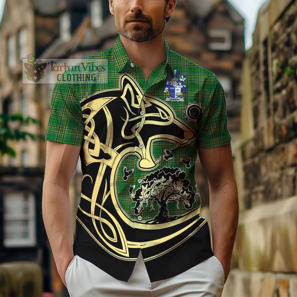 Tartan Vibes Clothing Sheehy Irish Tartan Short Sleeve Button Shirt with Coat of Arms Celtic Wolf Style