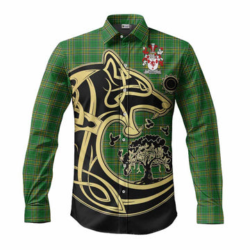 Sheill Irish Tartan Long Sleeve Button Shirt with Coat of Arms Celtic Wolf Style Men's Shirt S - Tartan Vibes Clothing