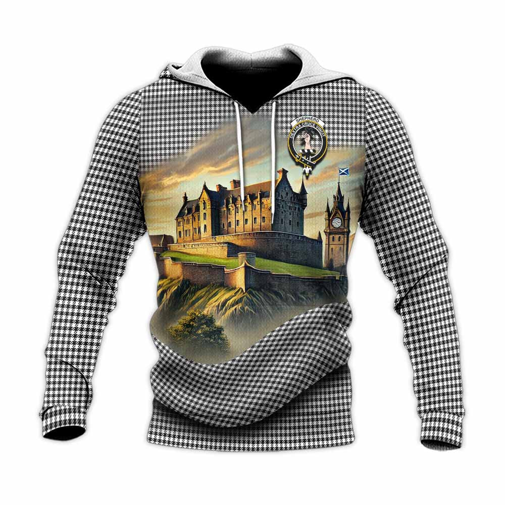 Tartan Vibes Clothing Shepherd Tartan Family Crest Knitted Hoodie with Scottish Ancient Castle Style