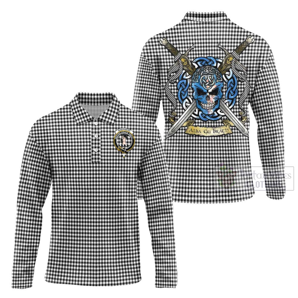 Tartan Vibes Clothing Shepherd Tartan Long Sleeve Polo Shirt with Family Crest Celtic Skull Style