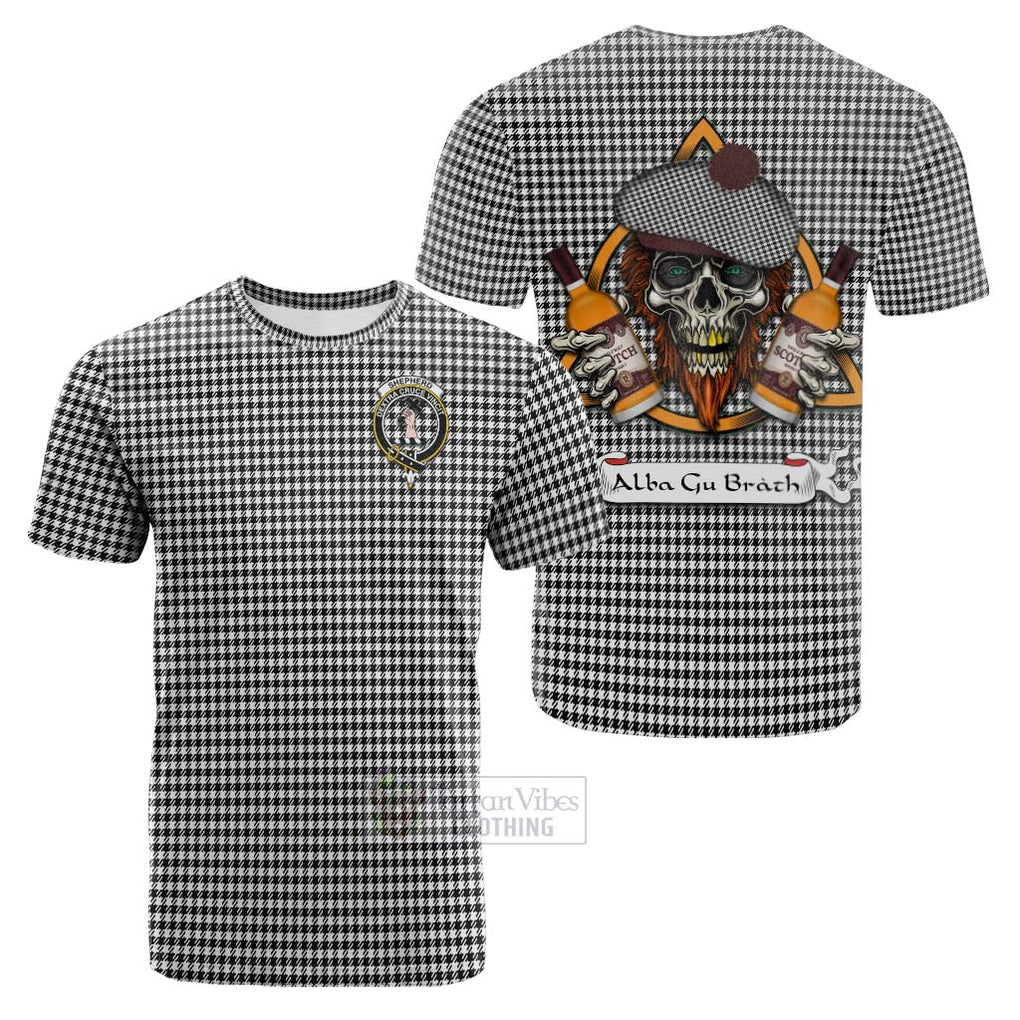 Tartan Vibes Clothing Shepherd Tartan Cotton T-shirt with Family Crest and Bearded Skull Holding Bottles of Whiskey