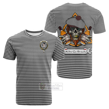 Tartan Vibes Clothing Shepherd Tartan Cotton T-shirt with Family Crest and Bearded Skull Holding Bottles of Whiskey