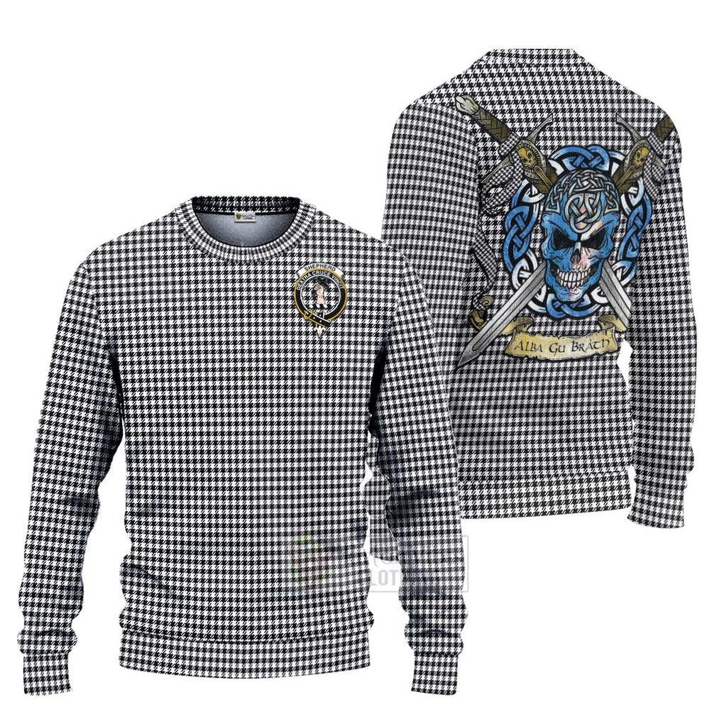 Tartan Vibes Clothing Shepherd Tartan Knitted Sweater with Family Crest Celtic Skull Style