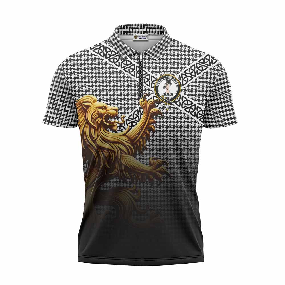 Tartan Vibes Clothing Shepherd Crest Tartan Zipper Polo Shirt with Golden Lion Emblem Celtic Style