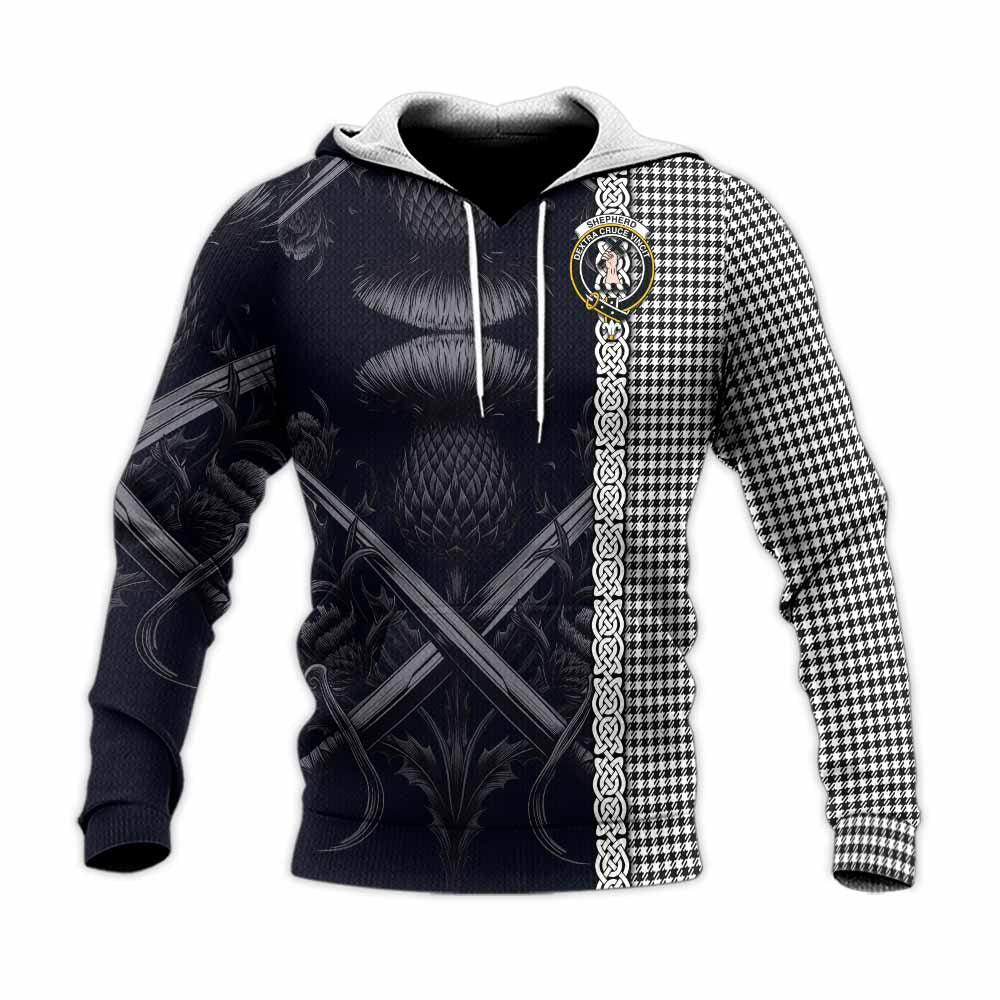 Tartan Vibes Clothing Shepherd Tartan Knitted Hoodie with Family Crest Cross Sword Thistle Celtic Vibes