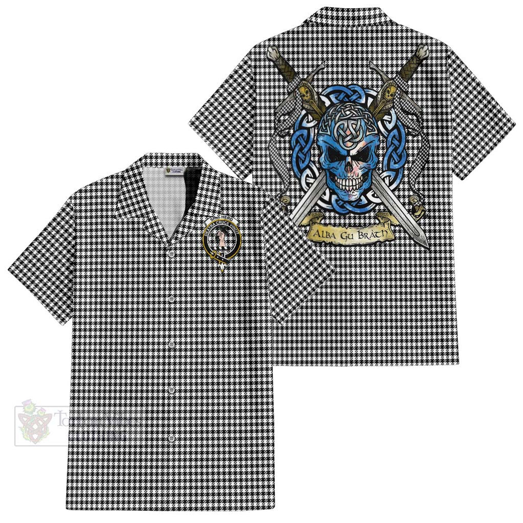 Tartan Vibes Clothing Shepherd Tartan Short Sleeve Button Shirt with Family Crest Celtic Skull Style