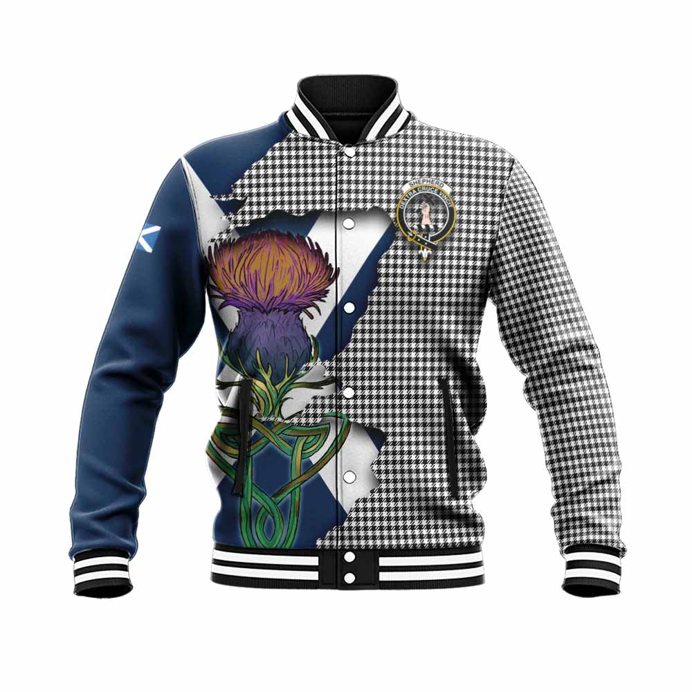 Tartan Vibes Clothing Shepherd Tartan Family Crest Baseball Jacket Scottish Thistle Celtic Inspired