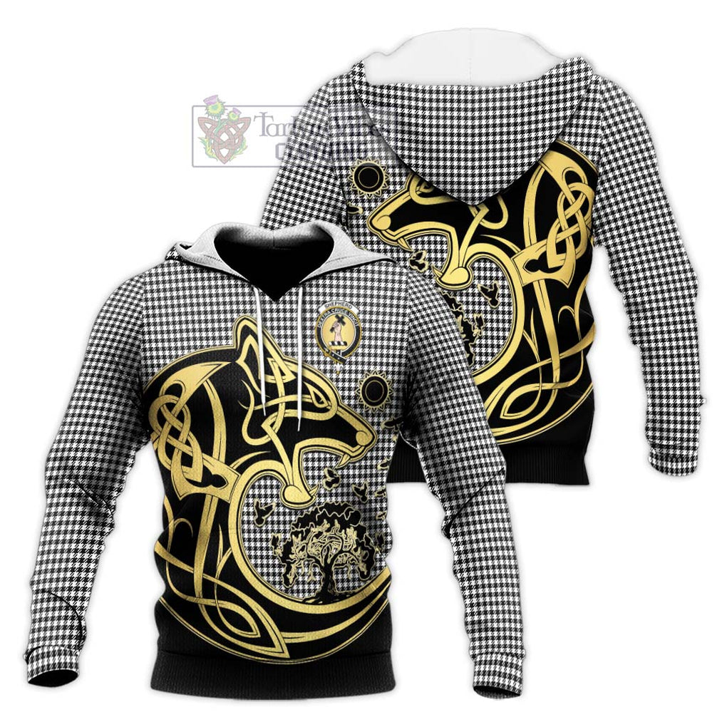 Shepherd Tartan Knitted Hoodie with Family Crest Celtic Wolf Style Unisex Knitted Pullover Hoodie - Tartan Vibes Clothing