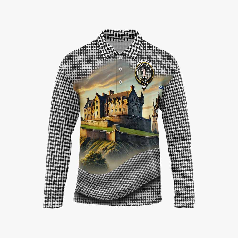 Tartan Vibes Clothing Shepherd Tartan Family Crest Long Sleeve Polo Shirt with Scottish Ancient Castle Style