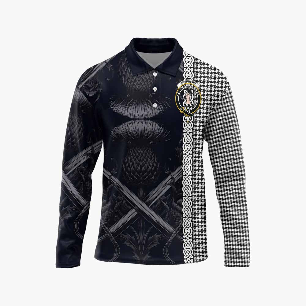 Tartan Vibes Clothing Shepherd Tartan Long Sleeve Polo Shirt with Family Crest Cross Sword Thistle Celtic Vibes