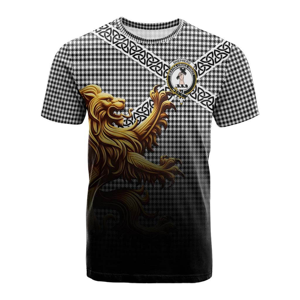 Tartan Vibes Clothing Shepherd Crest Tartan Cotton T-shirt with Golden Lion Emblem Celtic Style