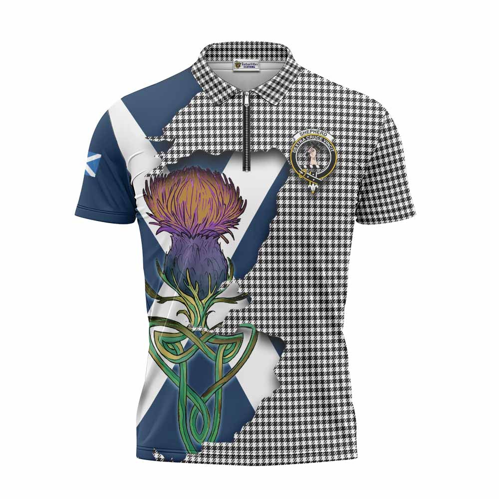 Tartan Vibes Clothing Shepherd Tartan Family Crest Zipper Polo Shirt Scottish Thistle Celtic Inspired