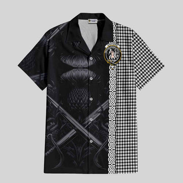 Tartan Vibes Clothing Shepherd Tartan Short Sleeve Button Shirt with Family Crest Cross Sword Thistle Celtic Vibes