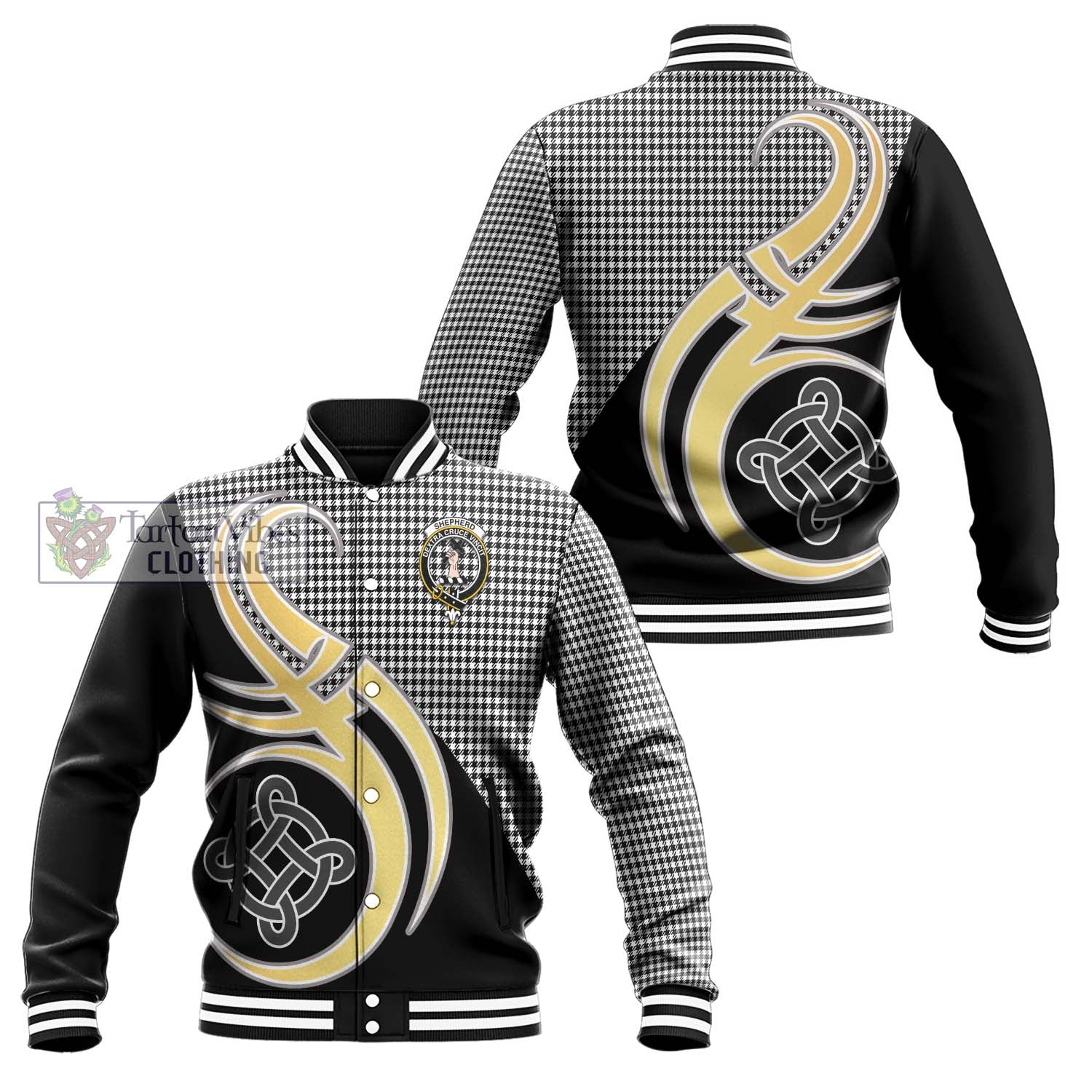 Shepherd Tartan Baseball Jacket with Family Crest and Celtic Symbol Style Unisex - Tartan Vibes Clothing