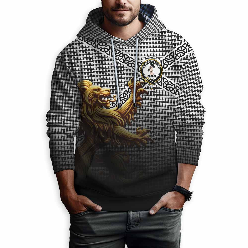 Tartan Vibes Clothing Shepherd Crest Tartan Hoodie with Golden Lion Emblem Celtic Style