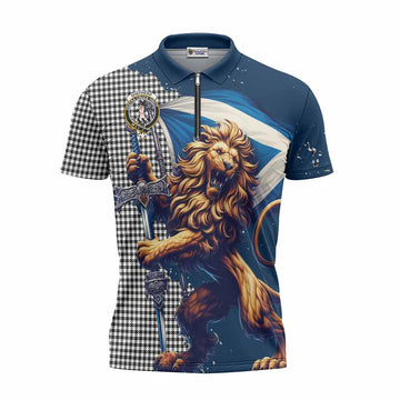 Tartan Vibes Clothing Shepherd Tartan Family Crest Zipper Polo Shirt with Scottish Majestic Lion