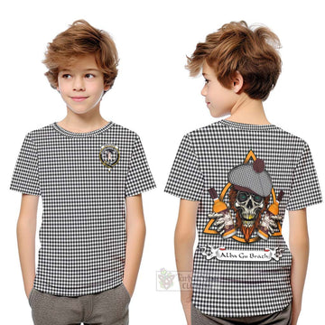 Tartan Vibes Clothing Shepherd Tartan Kid T-Shirt with Family Crest and Bearded Skull Holding Bottles of Whiskey