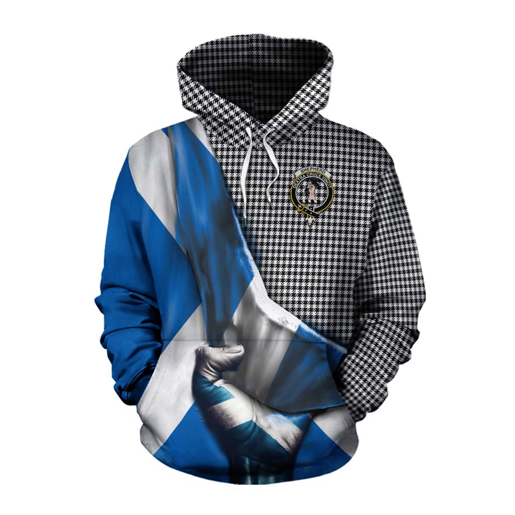 Tartan Vibes Clothing Shepherd Tartan Cotton Hoodie with Family Crest Scotland Patriotic Style