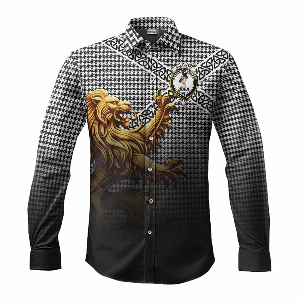 Tartan Vibes Clothing Shepherd Crest Tartan Long Sleeve Button Shirt with Golden Lion Emblem Celtic Style