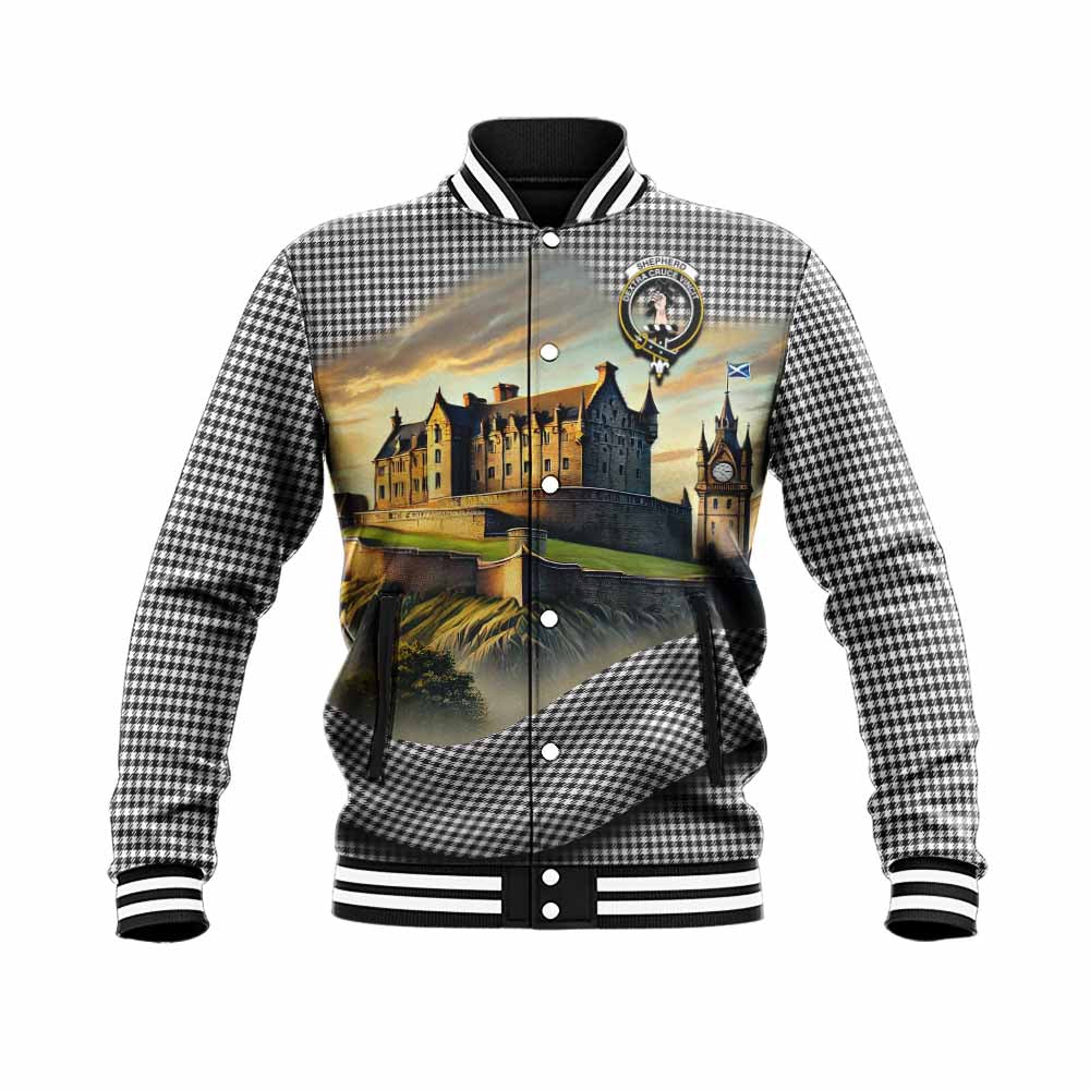 Tartan Vibes Clothing Shepherd Tartan Family Crest Baseball Jacket with Scottish Ancient Castle Style