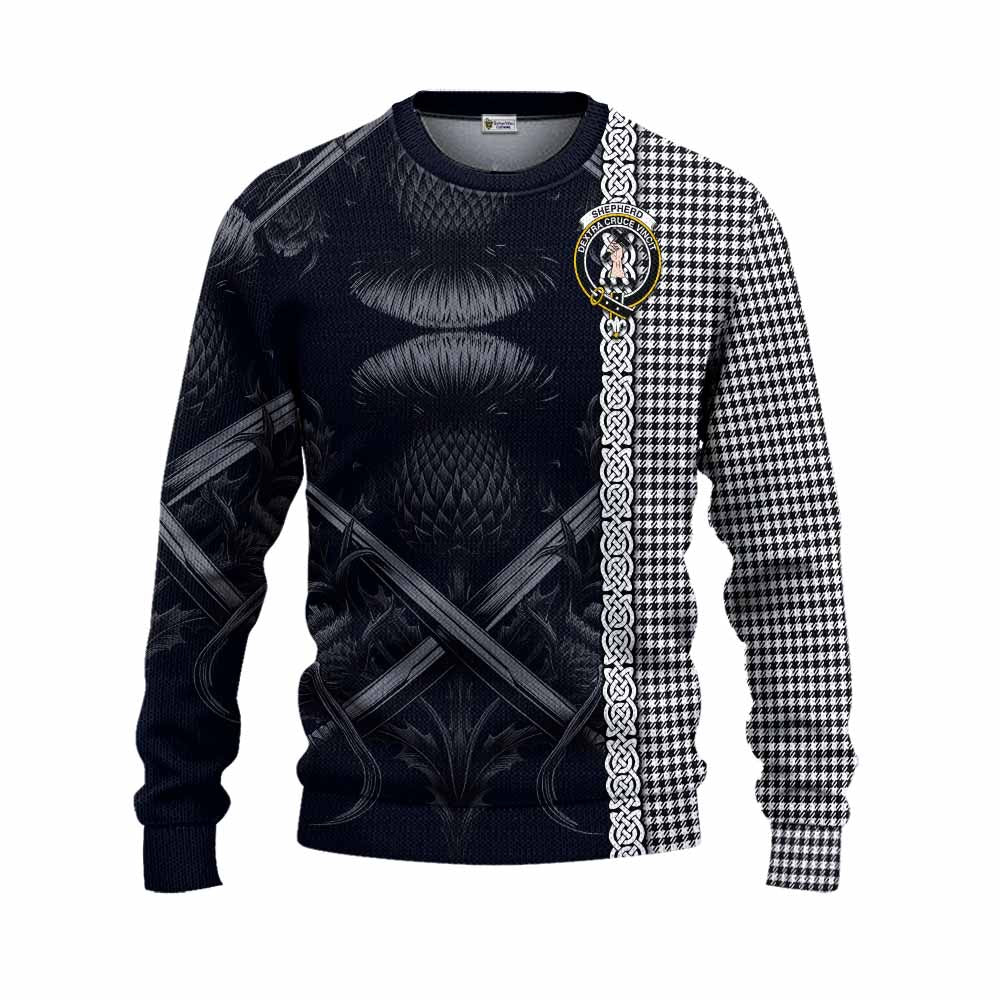 Tartan Vibes Clothing Shepherd Tartan Knitted Sweater with Family Crest Cross Sword Thistle Celtic Vibes