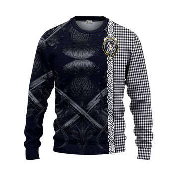 Tartan Vibes Clothing Shepherd Tartan Knitted Sweater with Family Crest Cross Sword Thistle Celtic Vibes
