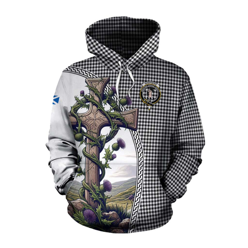 Tartan Vibes Clothing Shepherd Tartan Cotton Hoodie with Family Crest and St. Andrew's Cross Accented by Thistle Vines