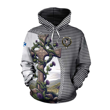 Tartan Vibes Clothing Shepherd Tartan Cotton Hoodie with Family Crest and St. Andrew's Cross Accented by Thistle Vines