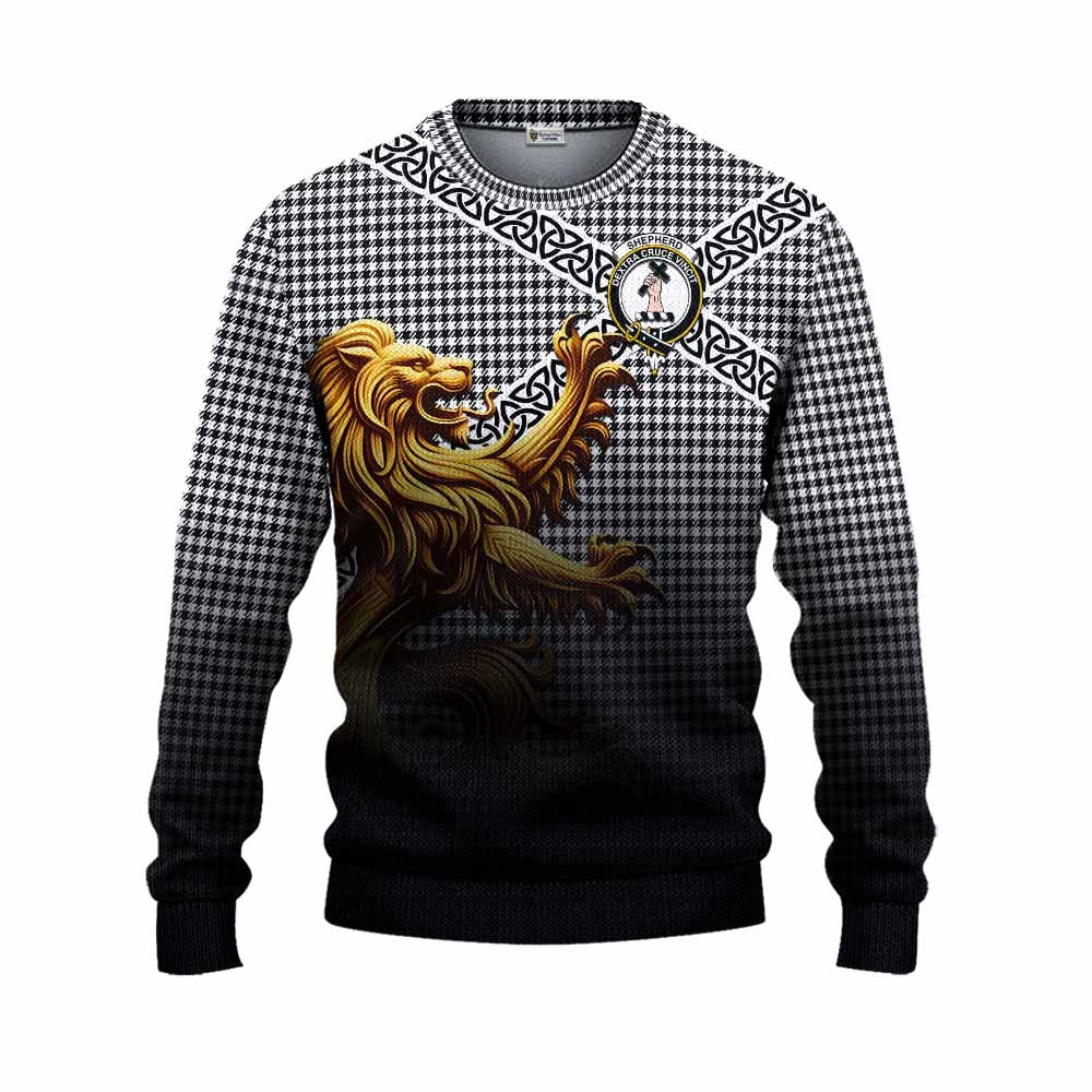 Tartan Vibes Clothing Shepherd Crest Tartan Knitted Sweater with Golden Lion Emblem Celtic Style