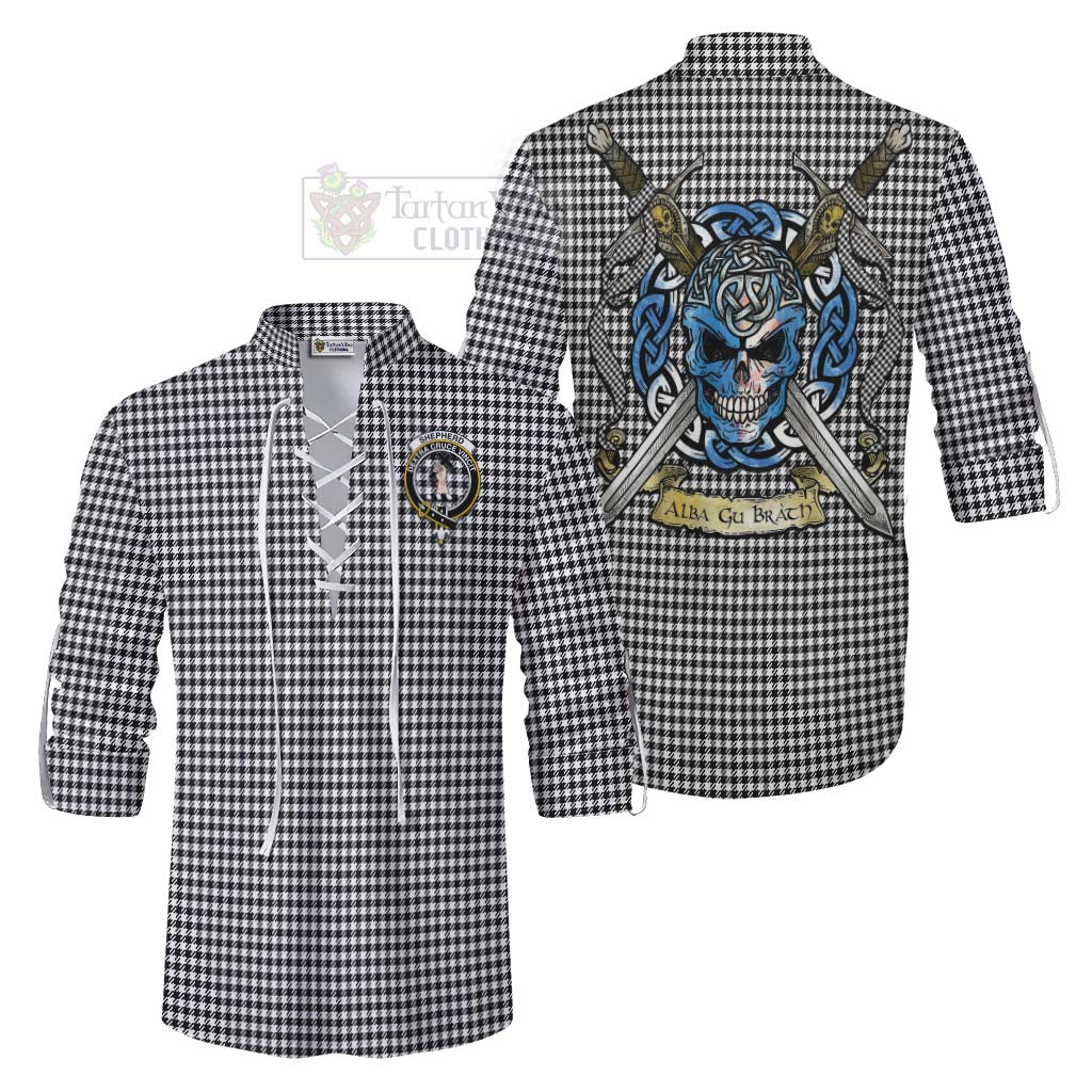 Tartan Vibes Clothing Shepherd Tartan Ghillie Kilt Shirt with Family Crest Celtic Skull Style