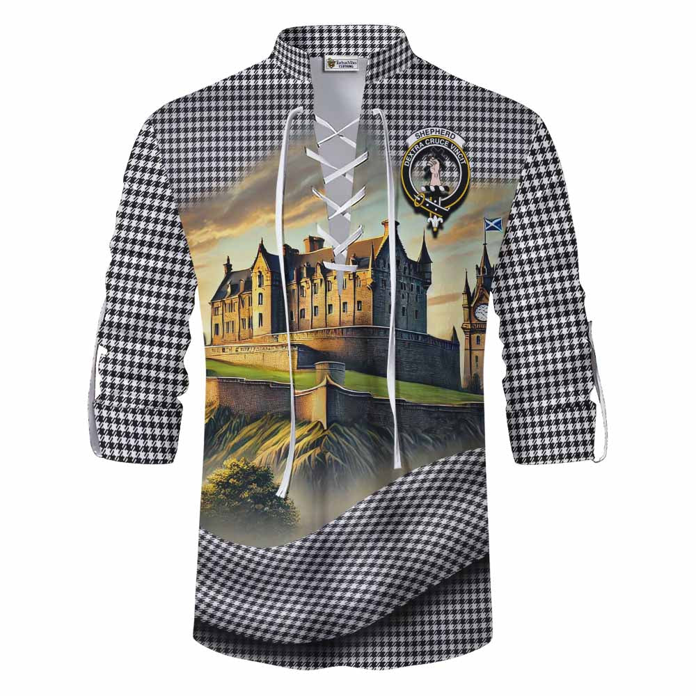 Tartan Vibes Clothing Shepherd Tartan Family Crest Ghillie Kilt Shirt with Scottish Ancient Castle Style
