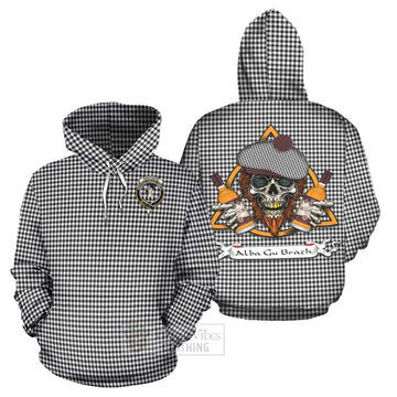 Shepherd Tartan Hoodie with Family Crest and Bearded Skull Holding Bottles of Whiskey